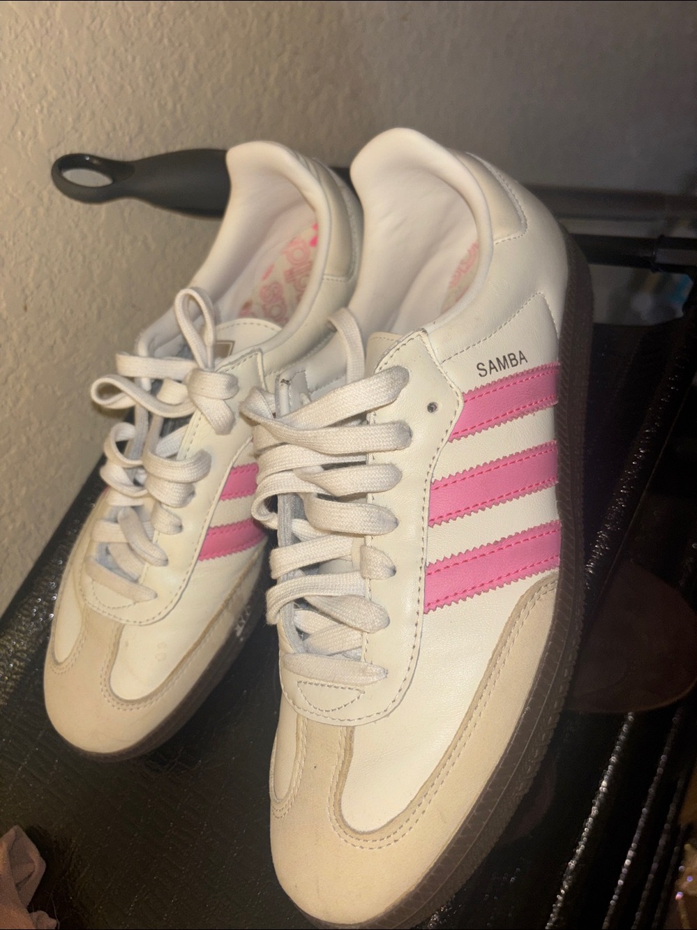 adidas Samba Leather Sneakers in White with Pink Stripes